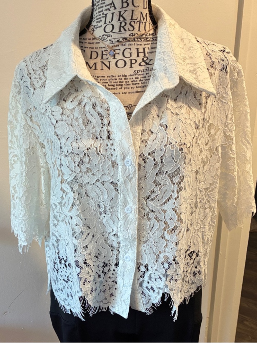 White Lace Button-Down Shirt - Women's Short Sleeve Boutique Brand:Sweet Generis